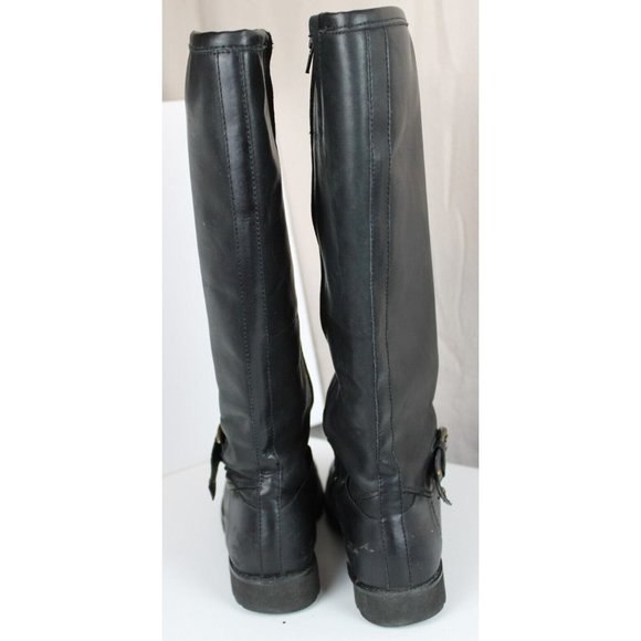 Black Riding Biker Boots Women 7 M Leather Tall Zip Buckle Accent Block Heel - Picture 9 of 11